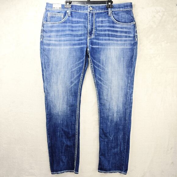 BKE Buckle Mason Tapered Leg Jeans Mens 42x31 Blue Stretch Denim Whiskers 42R - Picture 1 of 15